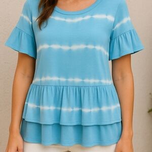 Simply Southern Blue Tie-Dye Peplum Ruffle Blouse | Size M